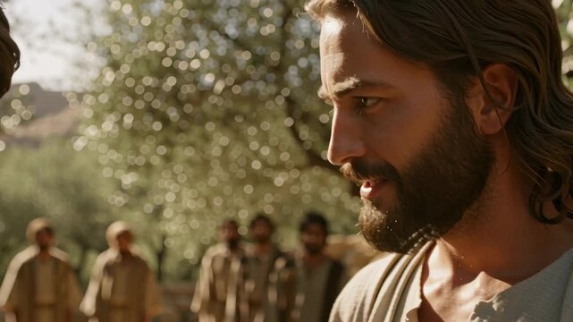 Jesus Christ, surrounded by apostles, speaks to a young man in ancient setting, biblical scenes, Old and New Testament footage.New Testament footage Christ and the Rich Young Man