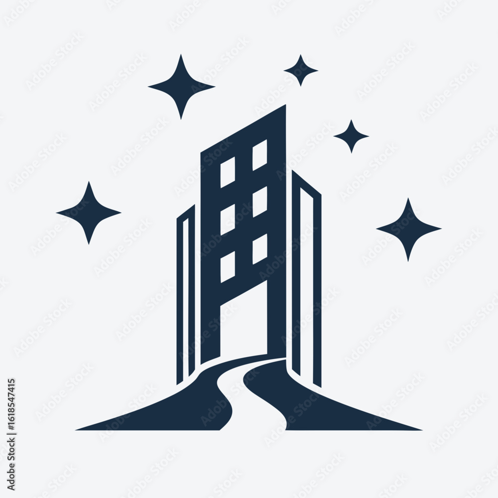 Poster modern building logo with clean path and sparkle icons vector.