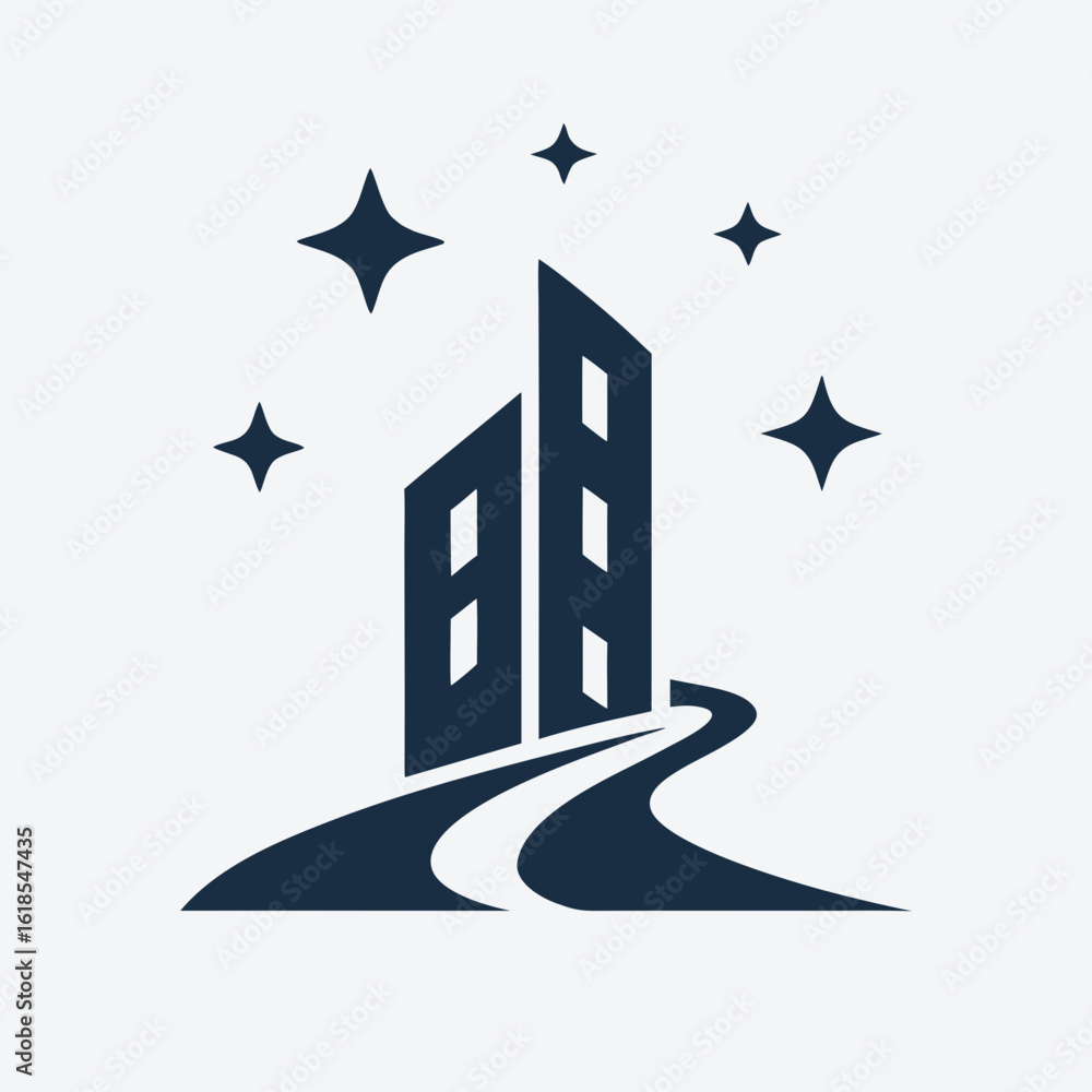 Poster modern building logo with clean path and sparkle icons vector.
