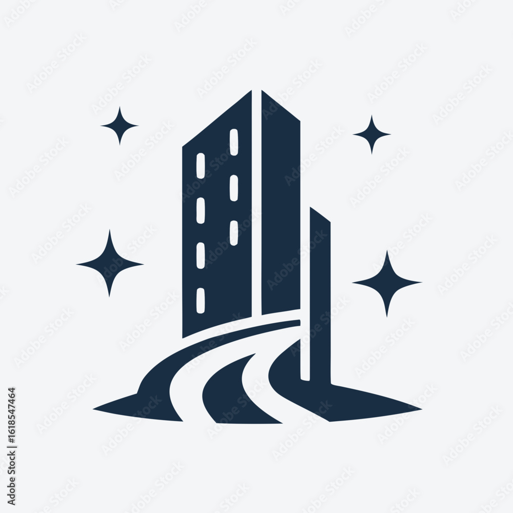 Poster modern building logo with clean path and sparkle icons vector.