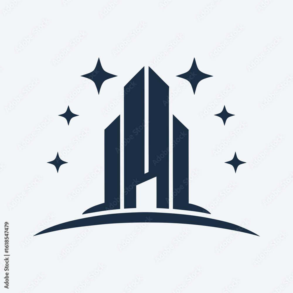 Poster modern building logo with clean path and sparkle icons vector.