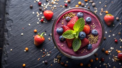 Photo of a vibrant purple smoothie bowl topped with fresh strawberries, blueberries, and mint leaves, scattered with seeds