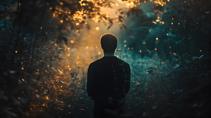 Mysterious Figure Standing in a Magical Forest with Fireflies
