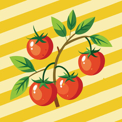 Trendy summer tropical poster featuring hand-painted tomatoes on a branch in acrylic style over a soft  striped background.