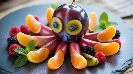 A playful fruit octopus made of plum, mandarin, kiwi, and berries