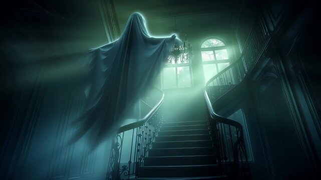 Translucent ghost floating near curved staircase in dark green-tinted Victorian interior. Arched windows with soft light, ornate chandelier. Ethereal supernatural atmosphere with misty ghostly figure.