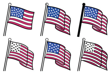 Stylized American Flags Set – Waving USA Flag Vector Collection for Patriotic Designs