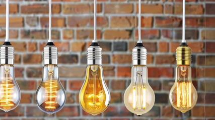 Various light bulb designs brighten up a brick wall, showcasing their unique styles. The cozy atmosphere enhances the aesthetic appeal