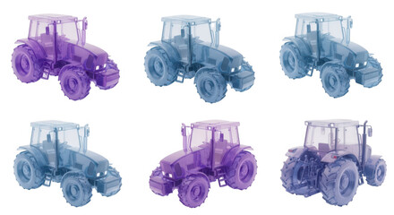 Colorful transparent tractor array isolated on white background showcasing design variations for agricultural concepts presentations or illustrations