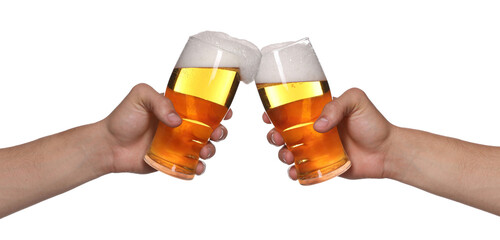 Men clinking their glasses of beer together against white background