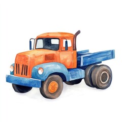 Fototapeta premium Watercolor illustration of a vintage truck. Orange and blue colors, simple design, cartoonish style. Truck cab and bed, large wheels