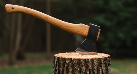 An axe with a wooden handle, stuck into a tree stump