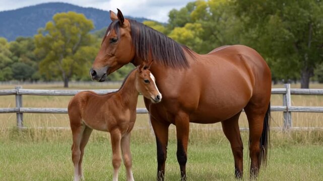 A chestnut mare stands next to her foal in a grassy field with a rustic fence and trees in the background