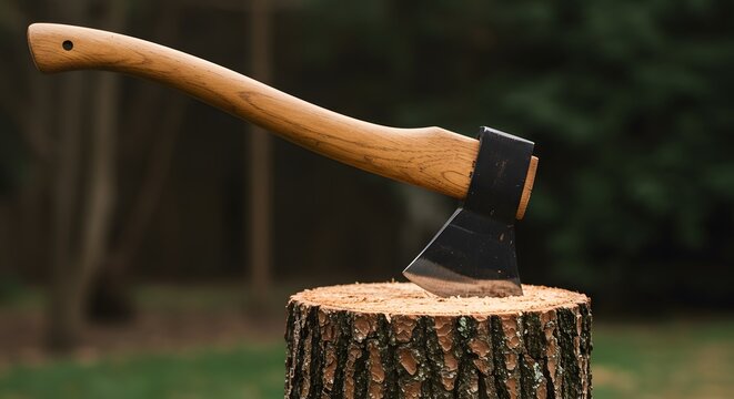 An axe with a wooden handle, stuck into a tree stump
