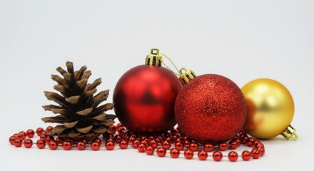 Festive christmas ornaments and pinecone with red beads