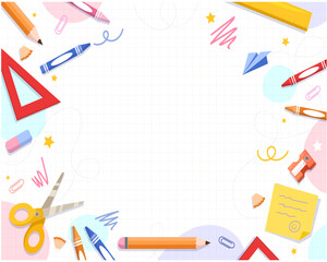 Creative School Supplies Frame on Grid Paper Background