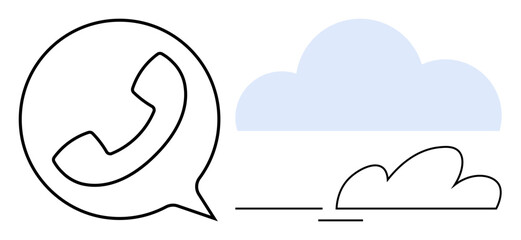 Phone call icon inside a speech bubble connected to minimalistic cloud shapes. Ideal for communication, networking, technology, cloud storage, customer service, digital connection, data transfer