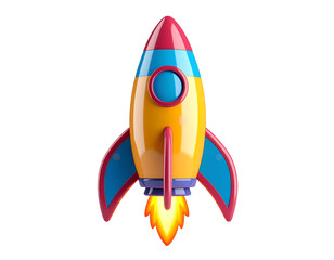 3D space rocket with flames, plastic toy style, vibrant colors on transparent background and white background 