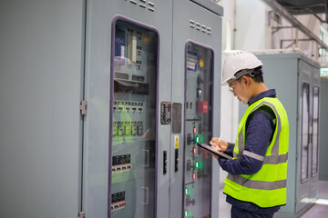 Power station engineer inspect control panel with clipboard in industrial facility checking system...