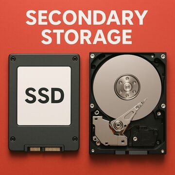 SSD vs HDD &ndash; Secondary Storage Devices on Red Background, Tech Comparison Concept