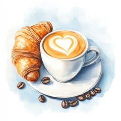 Watercolor illustration of a croissant and a latte art coffee cup