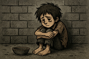 Young Homeless Person Huddled, Begging, Against Brick Wall