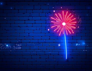 Neon mockup on brick wall, glowing red and blue lights, nighttime city background  