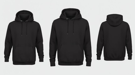 Black hoodie template. Hoodie sweatshirt long sleeve with clipping path, hoody for design mockup for print, isolated on white background.