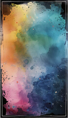 Abstract watercolor splash background with colorful gradient and black border frame