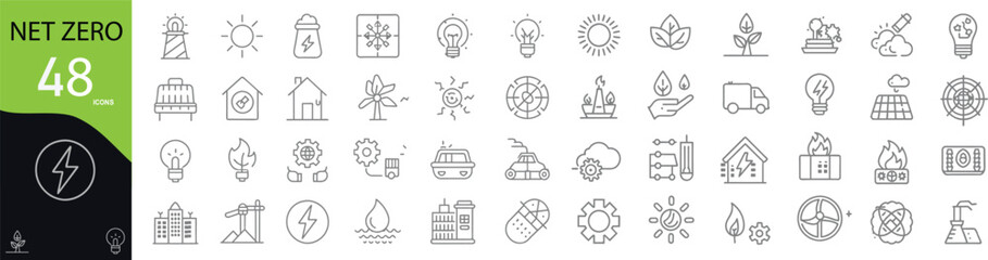 Fototapeta premium Net Zero icon collection. Includes icons for carbon, sustainable energy, climate action, green technology, recycling, and eco-friendly solutions. Editable stroke. Line icons. Perfect for infographics.