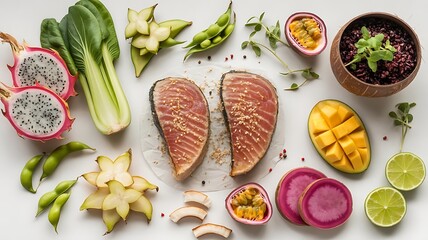 A healthy tuna steak with tropical fruits and asian vegetables