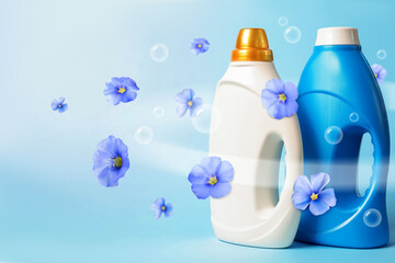 Fabric softener advertising poster. Bottles of conditioner and flying flowers against light blue...