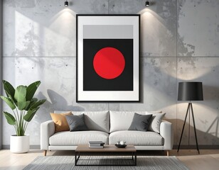Poster design mockup on concrete wall, soft ambient light, framed art style