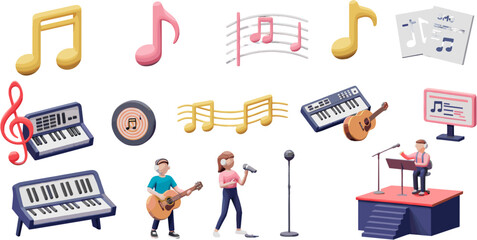 Cheerful Music Icons and Musicians Rendered in Playful 3D, Creating Whimsical Composition