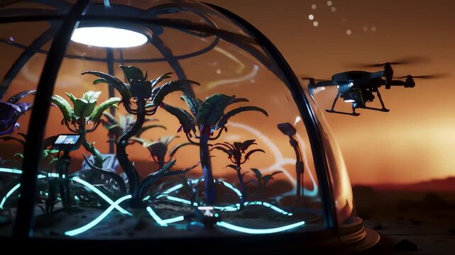 Futuristic greenhouse dome on a Marslike planet with a drone