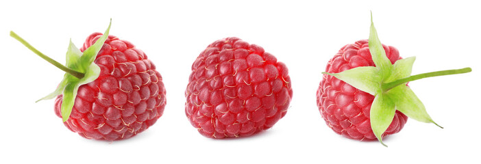 Fresh ripe raspberries isolated on white, set. Tasty berry