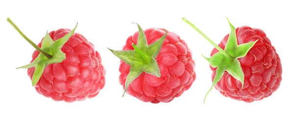 Fresh ripe raspberries isolated on white, set. Tasty berry