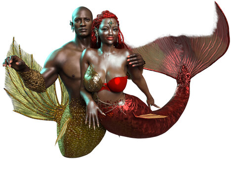 3D rendered couple with a mermaid and a merman in a romantic pose, isolated on transparent background