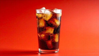 Refreshing Cola with Ice on Red Background