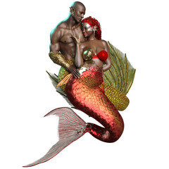 3D rendered couple with a mermaid and a merman in a romantic pose, isolated on transparent background