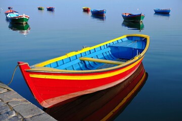 Fototapeta premium Colorful rowboat floats peacefully on calm blue water with reflections