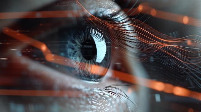 OT security. Operational technology. Closeup digital human eye interface.