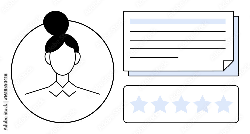 Aufkleber female avatar in circular frame, aligned with text document and five-star rating bar. ideal for user
