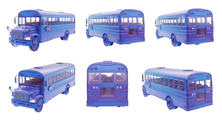 Blue school bus multiple views isolated on white background for education transportation or design projects
