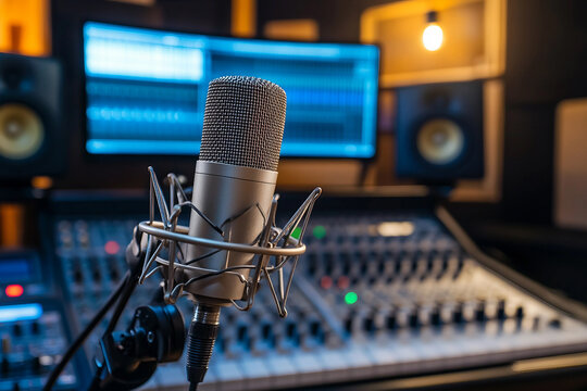 Professional sound engineer adjusting audio mixer in music production studio with vibrant neon lights generative ai