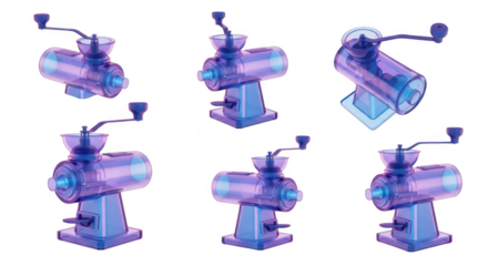 Rendered translucent meat grinders in various angles isolated on white for kitchen-related product illustration