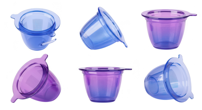 Six colorful clear plastic teacup filters arranged on a white background intended for steeping loose-leaf tea Background shows a gradient shadow