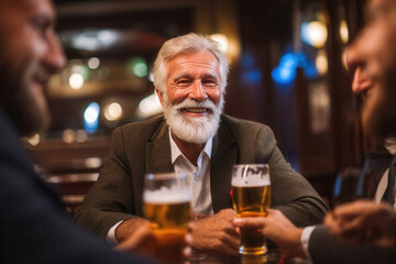 Senior businessman enjoys lively discussions with friends over beers in a cozy bar setting at night