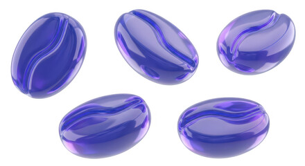 Floating group of shiny purple beans isolated on white suitable for food design or conceptual imagery