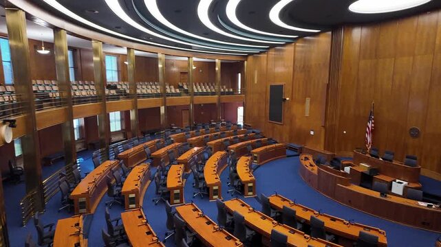 The dignified interior of the House of Representatives Chamber within the North Dakota State Capitol